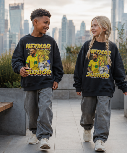 Neymar Jr Brazil #10 Junior Gold Crown Trophy Multi-Pose Washed Black Kids Fan Crewneck