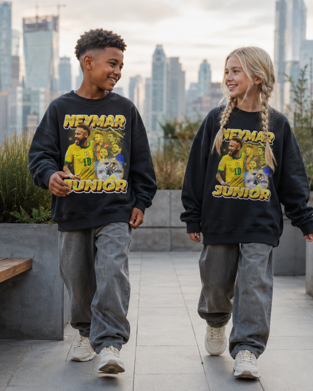 Neymar Jr Brazil #10 Junior Gold Crown Trophy Multi-Pose Washed Black Kids Fan Crewneck