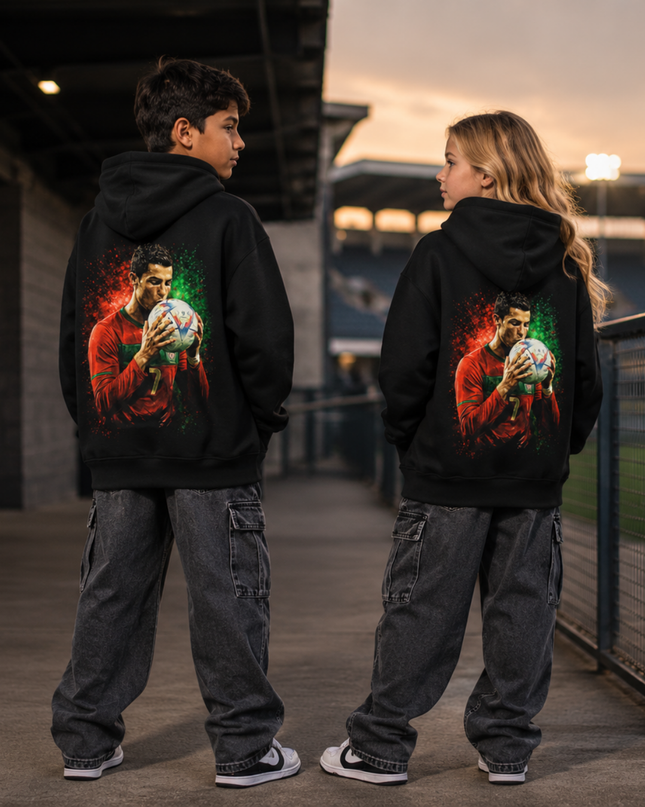 Cristiano Ronaldo Portugal #7 Kiss the Ball Green-Red Splash Kids Fan Hoodie