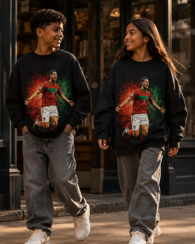 Cristiano Ronaldo Portugal #7 Screaming Celebration Paint Splash Kids Fan Crewneck