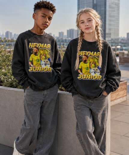 Neymar Jr Brazil #10 Junior Gold Crown Trophy Multi-Pose Washed Black Kids Fan Crewneck