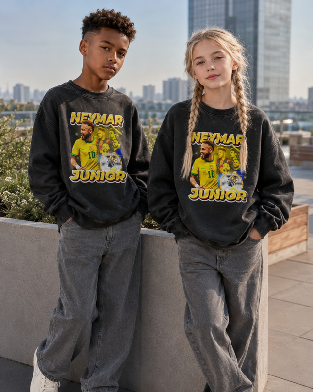 Neymar Jr Brazil #10 Junior Gold Crown Trophy Multi-Pose Washed Black Kids Fan Crewneck