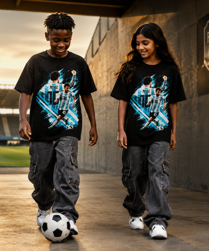 Lionel Messi Argentina #10 Dual Action Blue Lightning Collage Kids Fan T-Shirt