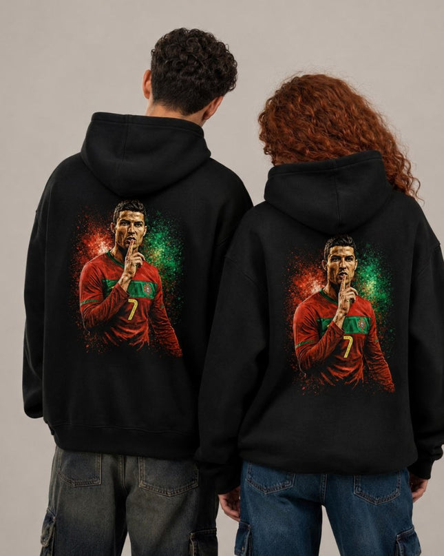 Cristiano Ronaldo #7 Portugal Shhh Finger Lips Paint Splatter Artistic Portrait Adult Fan Hoodie