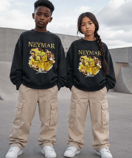 Neymar Jr Brazil #10 Junior Gold Cursive Celebration Multi-Pose Washed Black Kids Fan Crewneck