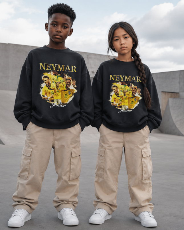 Neymar Jr Brazil #10 Junior Gold Cursive Celebration Multi-Pose Washed Black Kids Fan Crewneck