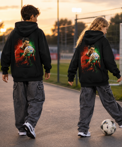 Sweat à capuche enfant fan Cristiano Ronaldo Portugal #7 Baiser le ballon Splash Vert-Rouge