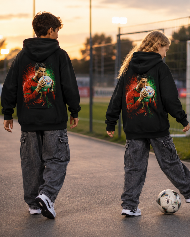 Cristiano Ronaldo Portugal #7 Kiss the Ball Green-Red Splash Kids Fan Hoodie