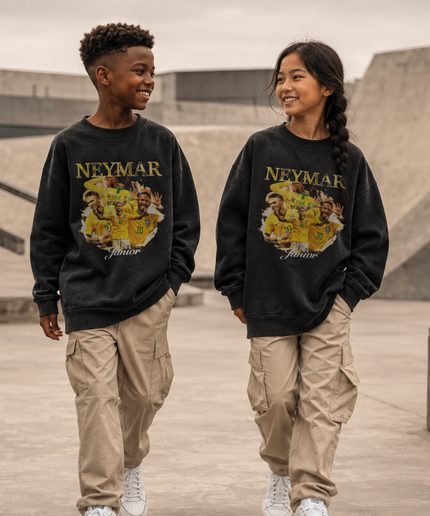 Neymar Jr Brazil #10 Junior Gold Cursive Celebration Multi-Pose Washed Black Kids Fan Crewneck