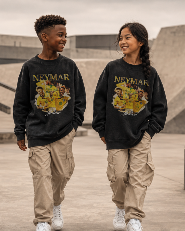 Neymar Jr Brazil #10 Junior Gold Cursive Celebration Multi-Pose Washed Black Kids Fan Crewneck