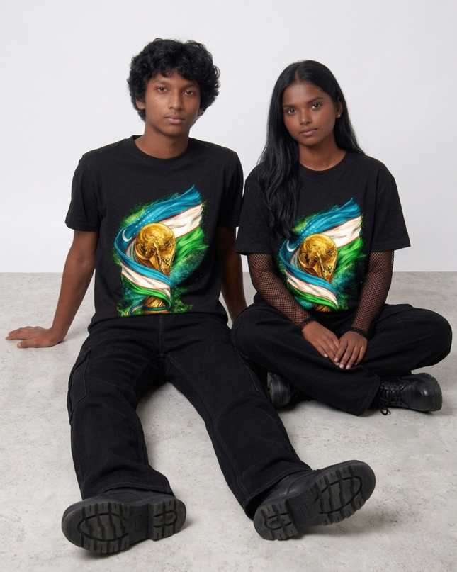 T-shirt unisexe fan Coupe du Monde de Football 2026 édition artistique drapeau et trophée Ouzbékistan