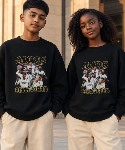 Jude Bellingham Real Madrid Gold Black Vintage Rap Bootleg Multi-Pose Collage Kids Fan Crewneck