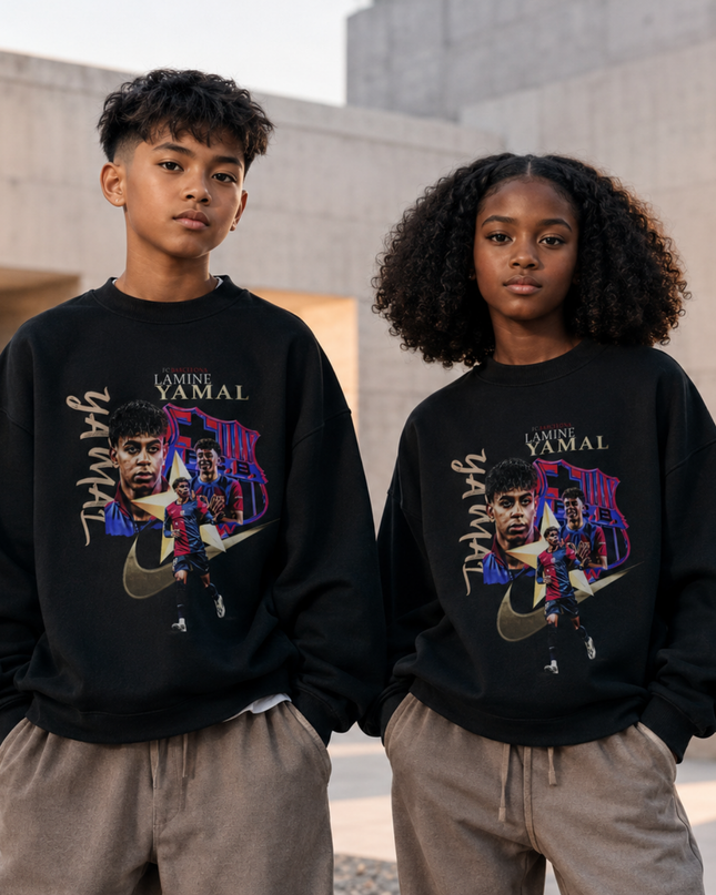Lamine Yamal Barcelona Crest Nike Collage Vintage Bootleg Kids Fan Crewneck