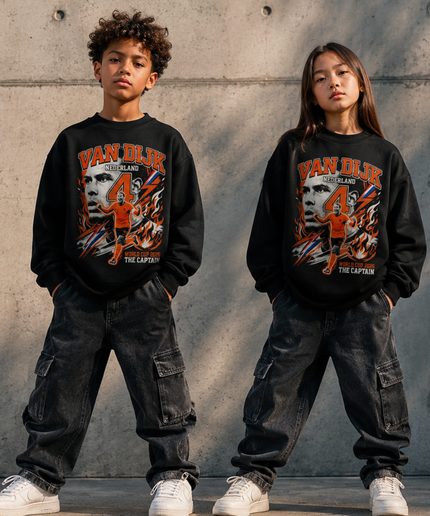 Virgil Van Dijk Nederland #4 The Captain Orange Fire Dutch Flag Lightning World Cup 2026 Kids Fan Crewneck