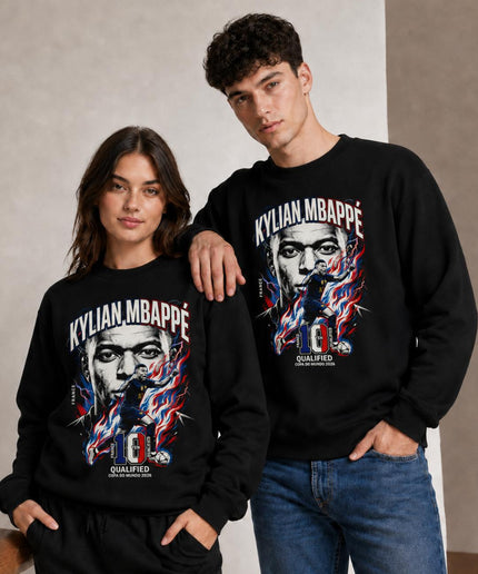 Kylian Mbappé France Qualifié Coupe du Monde 2026 Portrait de Feu Col Rond Unisexe pour Fans