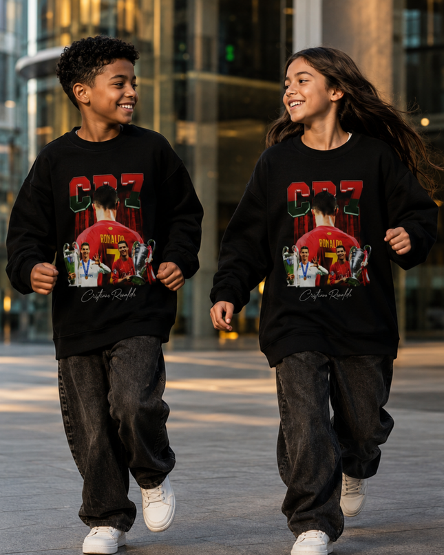 Cristiano Ronaldo CR7 Portugal Trophy Collage Bootleg Kids Fan Crewneck
