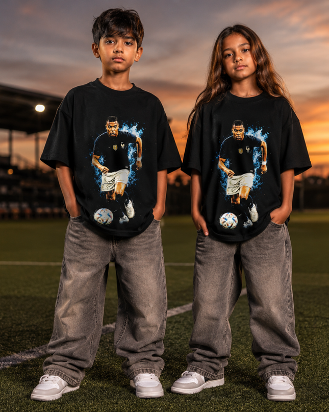 Kylian Mbappé France Blue Lightning Action Kids Fan T-Shirt