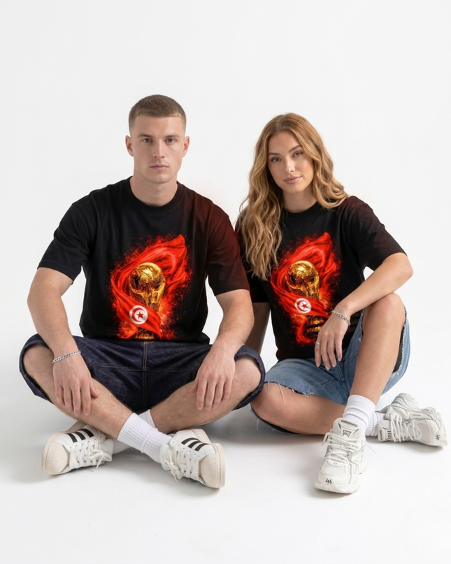 T-shirt unisexe Coupe du Monde de football 2026 Drapeau Tunisie et Flamme du trophée Édition Fan