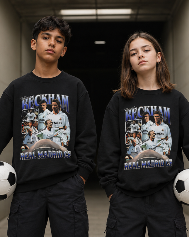 David Beckham Real Madrid Manchester United PSG Multi-Club Blue White Vintage Bootleg Collage Kids Fan Crewneck