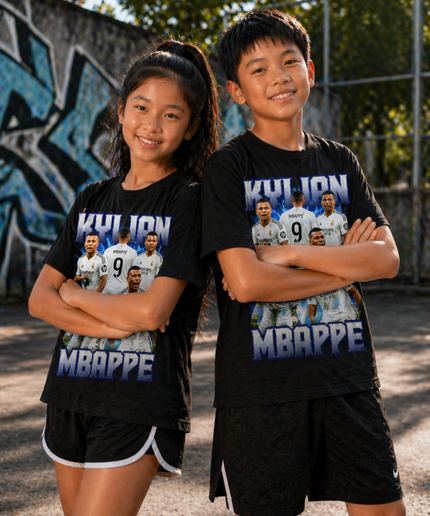 Kylian Mbappé Real Madrid #9 Blue Lightning Kids Fan T-Shirt