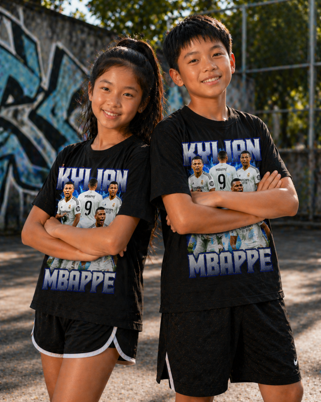 T-shirt Enfant Kylian Mbappé Real Madrid #9 Éclair Bleu