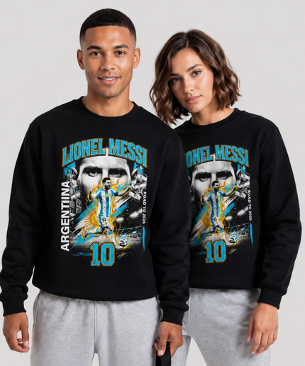 Lionel Messi Argentina Road to 2026 Blue Gold Fire Face Action Unisex Fan Crewneck