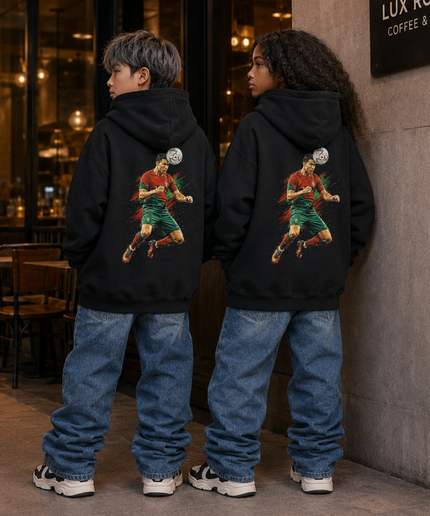 Cristiano Ronaldo Portugal #7 Iconic Header Jump Green-Red Splash Kids Fan Hoodie