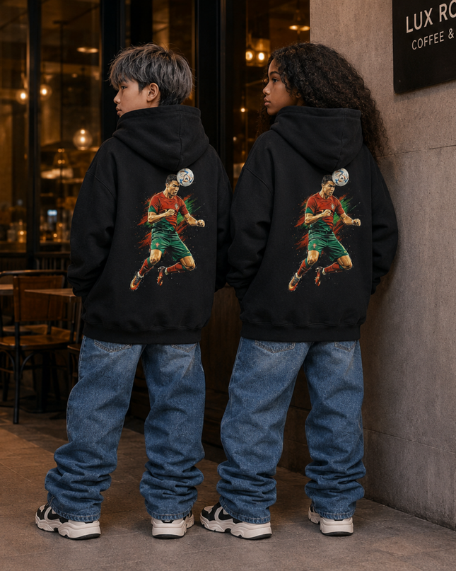 Cristiano Ronaldo Portugal #7 Iconic Header Jump Green-Red Splash Kids Fan Hoodie