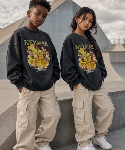 Neymar Jr Brazil #10 Junior Gold Cursive Celebration Multi-Pose Washed Black Kids Fan Crewneck