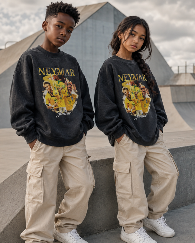 Neymar Jr Brazil #10 Junior Gold Cursive Celebration Multi-Pose Washed Black Kids Fan Crewneck