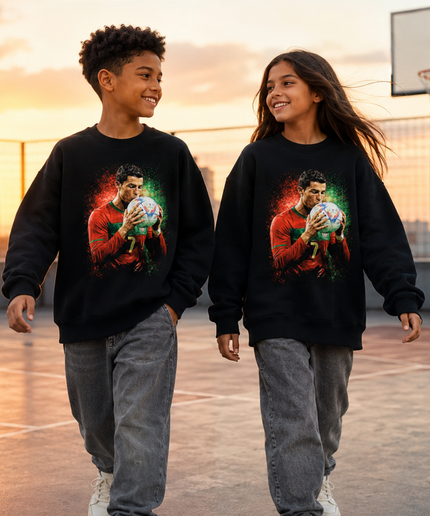 Cristiano Ronaldo Portugal #7 Ball Kiss Paint Splash Kids Fan Crewneck