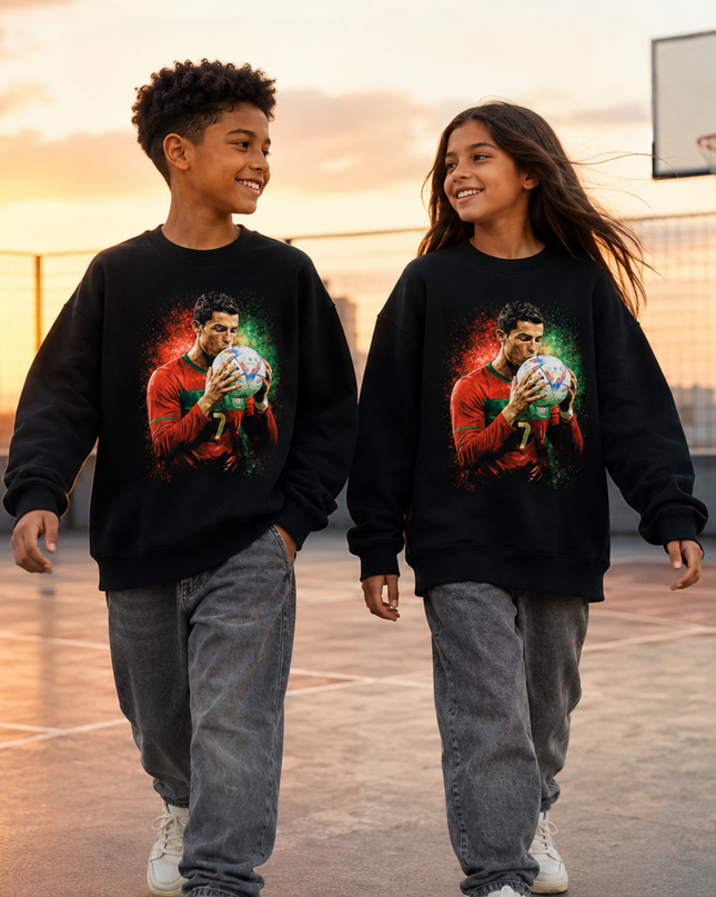 Cristiano Ronaldo Portugal #7 Ball Kiss Paint Splash Kids Fan Crewneck