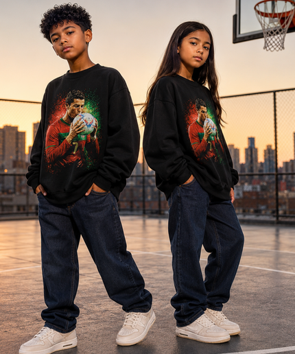 Cristiano Ronaldo Portugal #7 Ball Kiss Paint Splash Kids Fan Crewneck