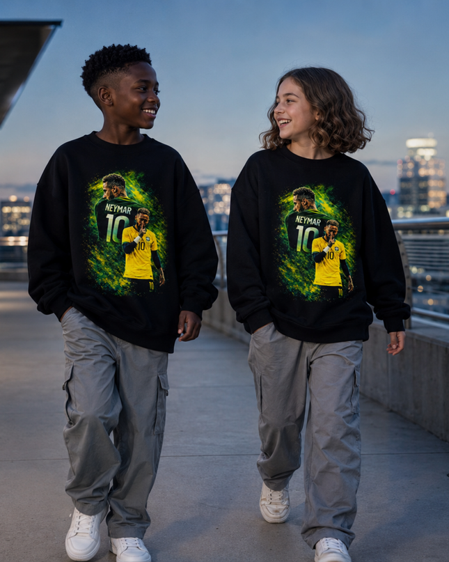 Neymar Jr Brazil #10 Green Yellow Paint Splash Shhh Celebration Portrait Kids Fan Crewneck