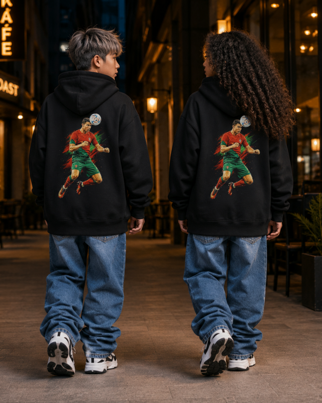 Cristiano Ronaldo Portugal #7 Iconic Header Jump Green-Red Splash Kids Fan Hoodie