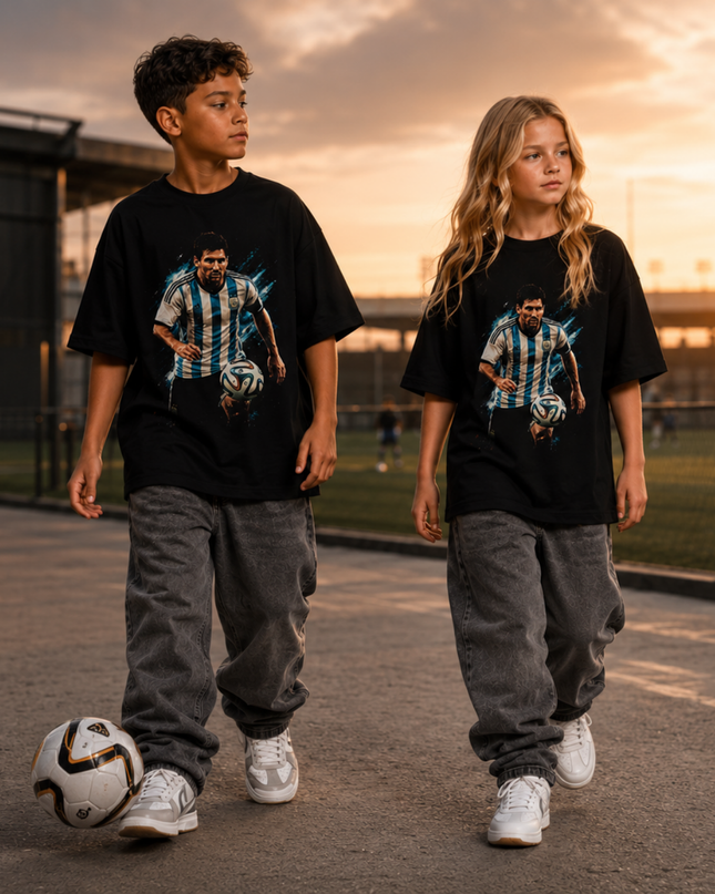 T-shirt Enfant Fan Lionel Messi Argentine Bleu Éclaboussure Dribble Action