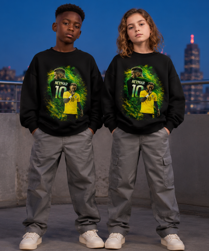 Neymar Jr Brazil #10 Green Yellow Paint Splash Shhh Celebration Portrait Kids Fan Crewneck