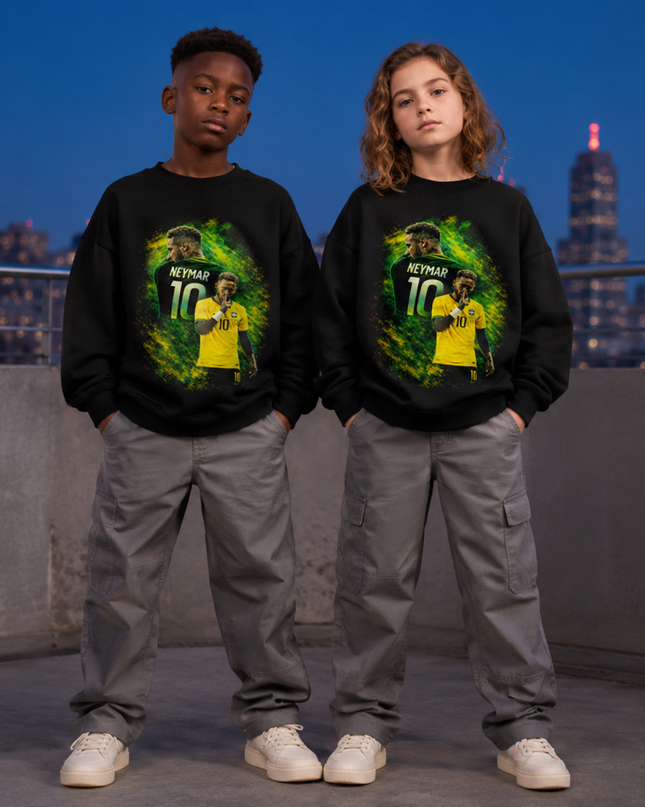Neymar Jr Brazil #10 Green Yellow Paint Splash Shhh Celebration Portrait Kids Fan Crewneck