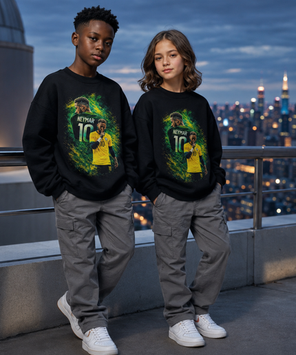Neymar Jr Brazil #10 Green Yellow Paint Splash Shhh Celebration Portrait Kids Fan Crewneck