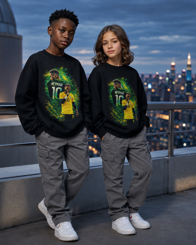 Neymar Jr Brazil #10 Green Yellow Paint Splash Shhh Celebration Portrait Kids Fan Crewneck