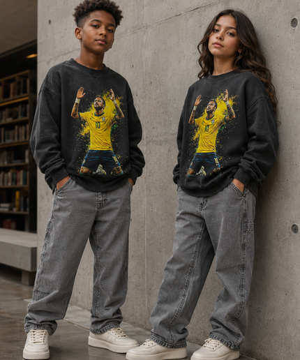 Neymar Jr Brazil #10 Gold Yellow Paint Splash Arms Up Prayer Celebration Kids Fan Crewneck