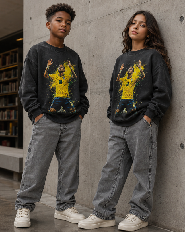 Neymar Jr Brazil #10 Gold Yellow Paint Splash Arms Up Prayer Celebration Kids Fan Crewneck