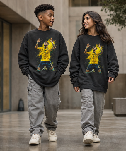 Neymar Jr Brazil #10 Gold Yellow Paint Splash Arms Up Prayer Celebration Kids Fan Crewneck