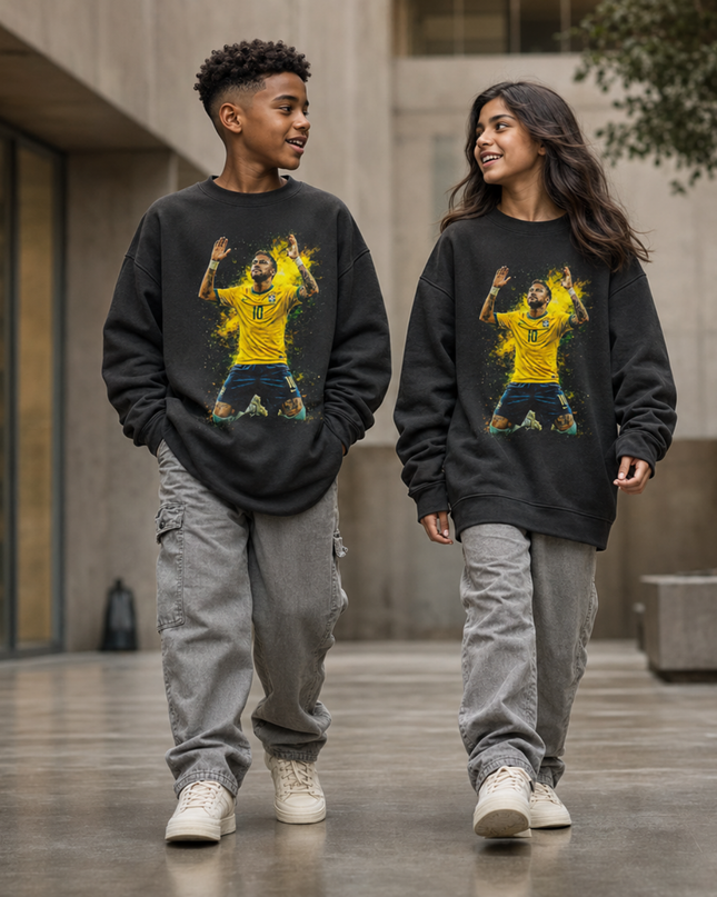 Neymar Jr Brazil #10 Gold Yellow Paint Splash Arms Up Prayer Celebration Kids Fan Crewneck