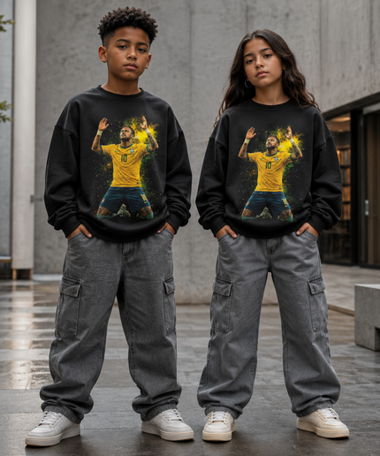 Neymar Jr Brazil #10 Gold Yellow Paint Splash Arms Up Prayer Celebration Kids Fan Crewneck