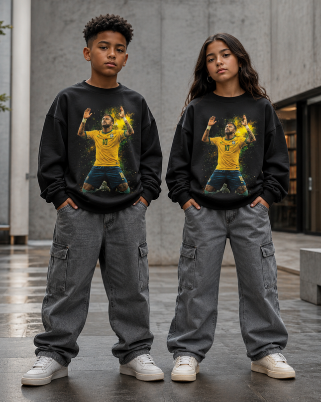 Neymar Jr Brazil #10 Gold Yellow Paint Splash Arms Up Prayer Celebration Kids Fan Crewneck