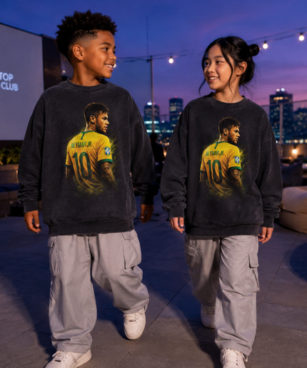 Neymar Jr Brazil #10 Back-Pose Kit Gold Paint Splash Washed Black Kids Fan Crewneck