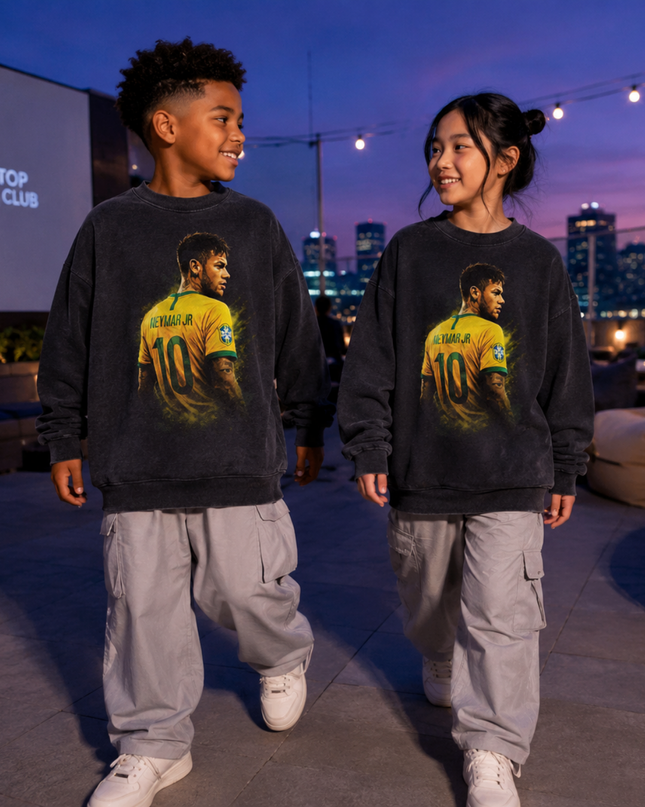 Neymar Jr Brazil #10 Back-Pose Kit Gold Paint Splash Washed Black Kids Fan Crewneck