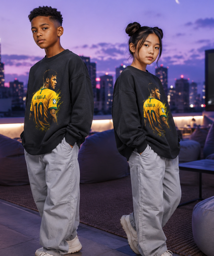 Neymar Jr Brazil #10 Back-Pose Kit Gold Paint Splash Washed Black Kids Fan Crewneck