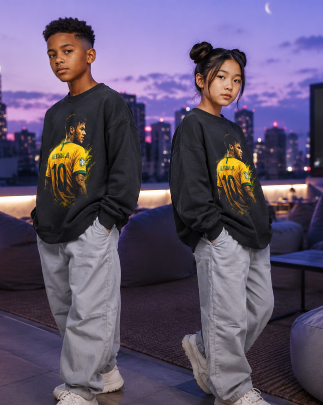 Neymar Jr Brazil #10 Back-Pose Kit Gold Paint Splash Washed Black Kids Fan Crewneck